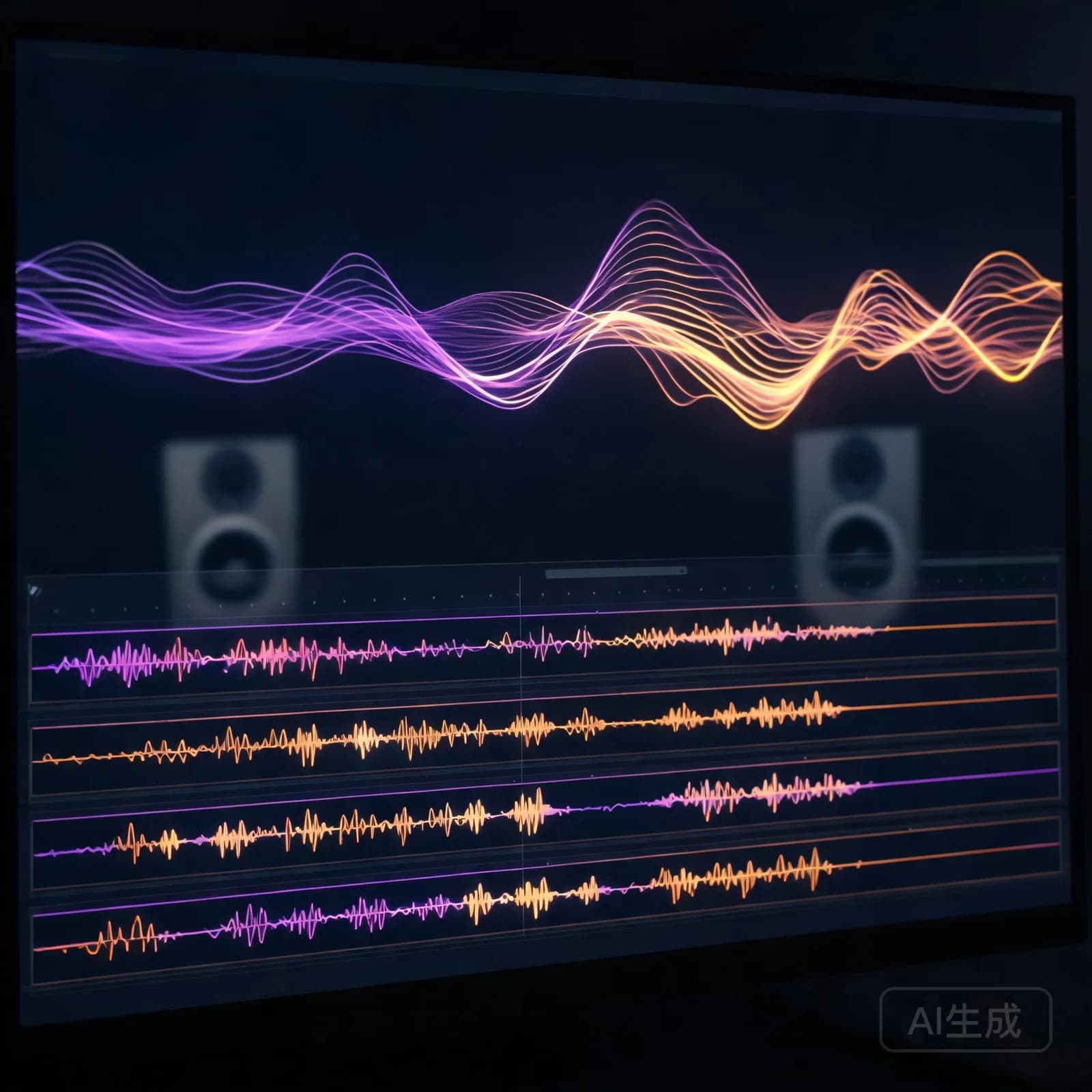 Detailed audio waveform drawn across album artwork on a dark screen