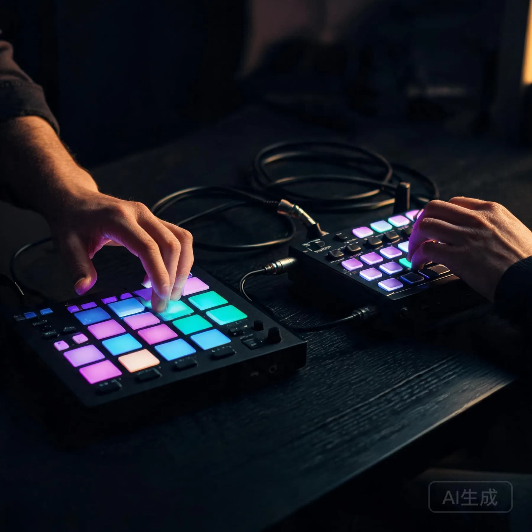 Producer programming a beat on drum pads and a keyboard in a dark studio