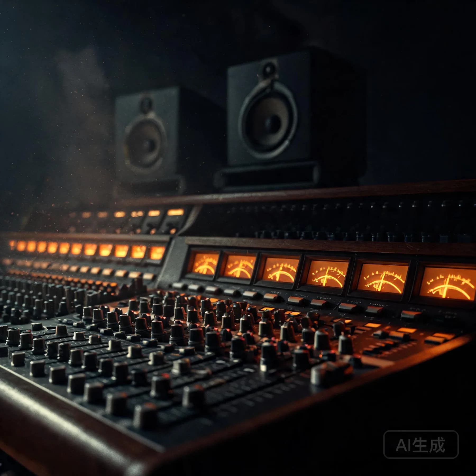 Analog mixing console glowing in a dark recording studio