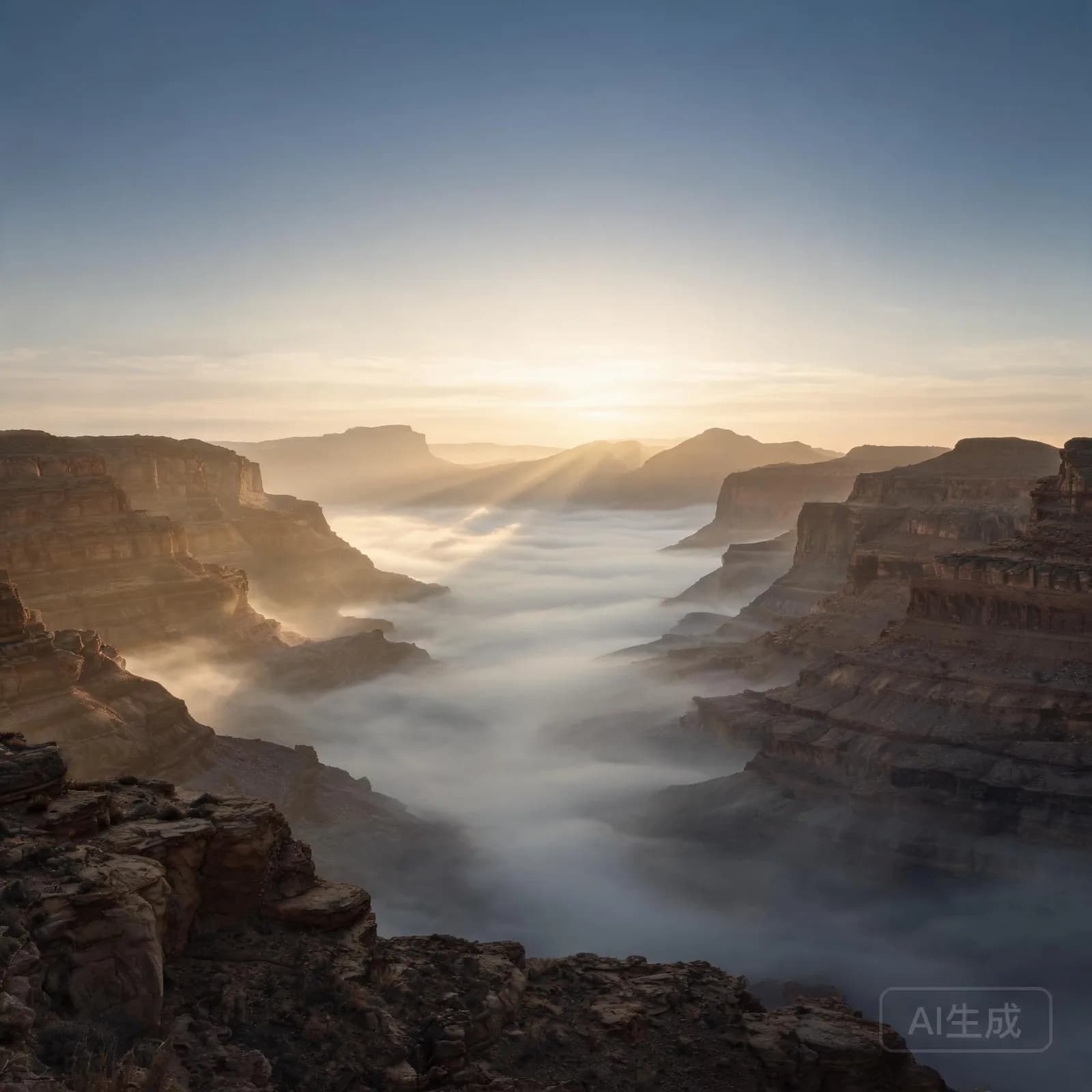 Wide atmospheric dawn canyon film-still artwork for Somewhere Else