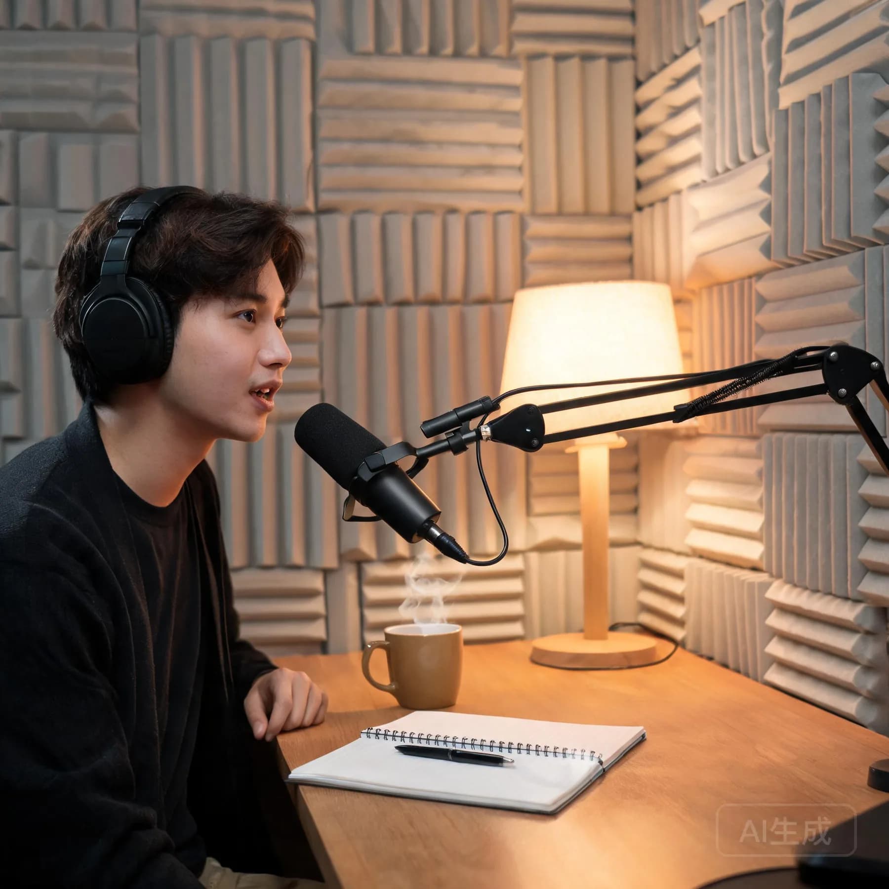 Creator recording a voice-over beside a laptop and studio headphones