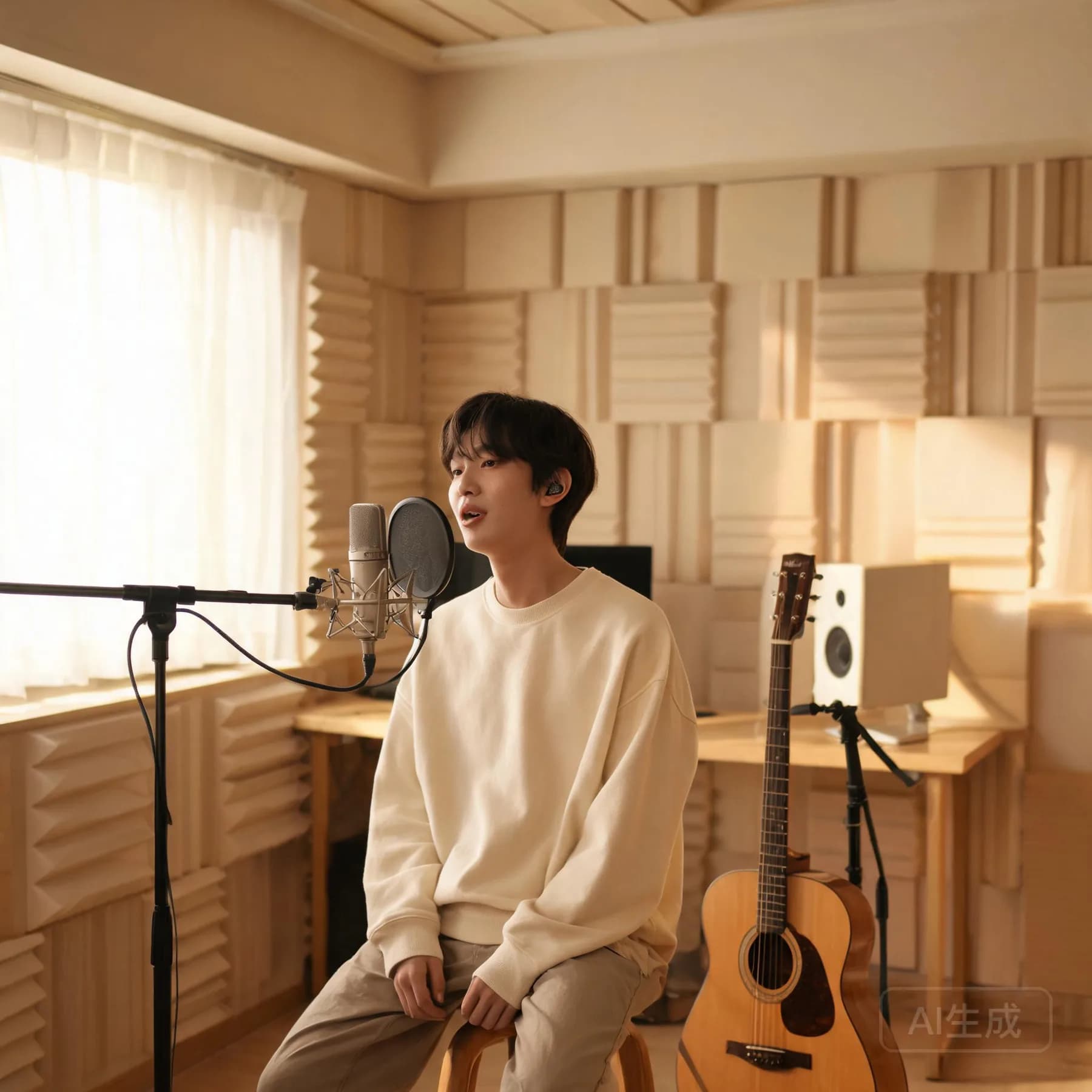Vocalist tracking a song at a studio microphone in a dimly lit room
