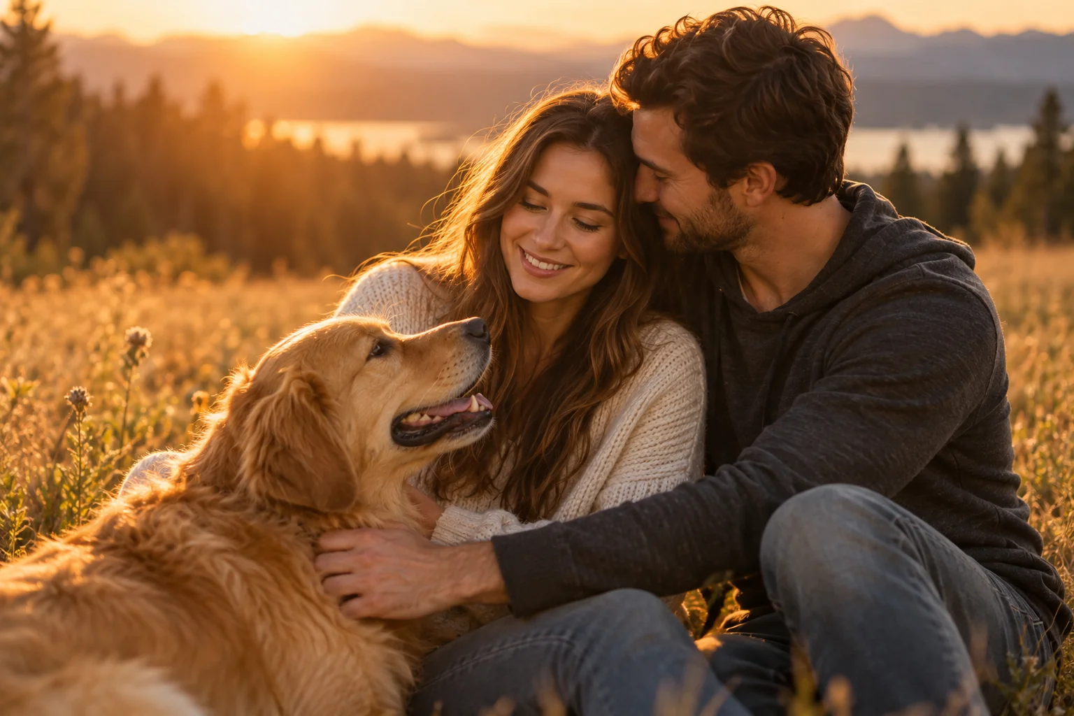 A couple spending time outdoors with their dog